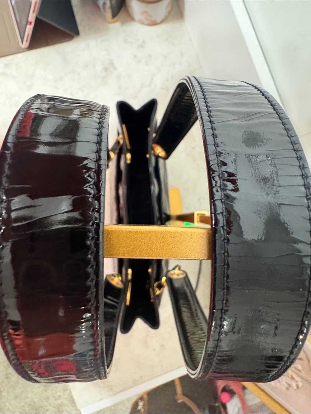 Black Patent Leather Shoulder Tote with Gold Hardware - Picture 6 of 17